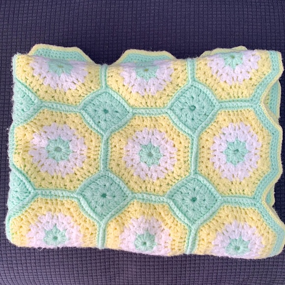 Handmade Other - Vintage Pastel Yellow and Green Crochet Granny Square Baby Blanket